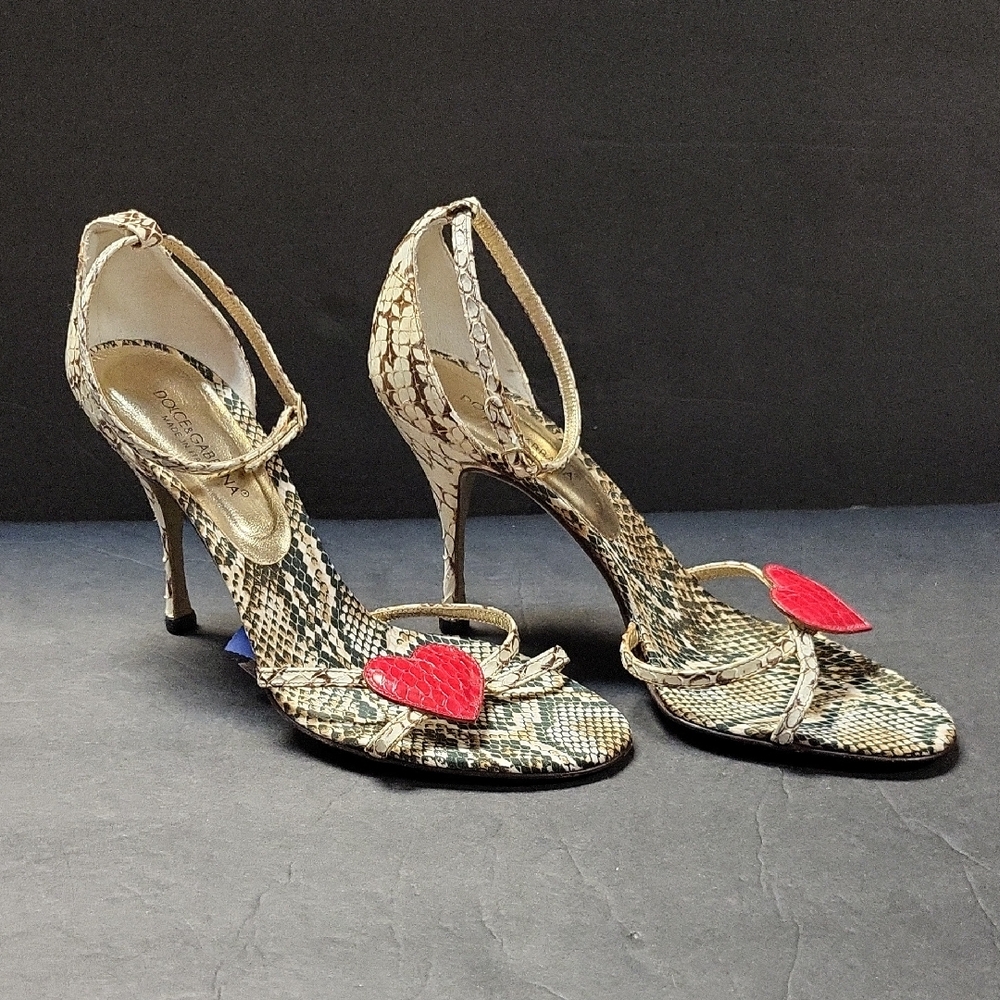 Dolce & Gabbana Snakeskin Heels with Red Heart Details